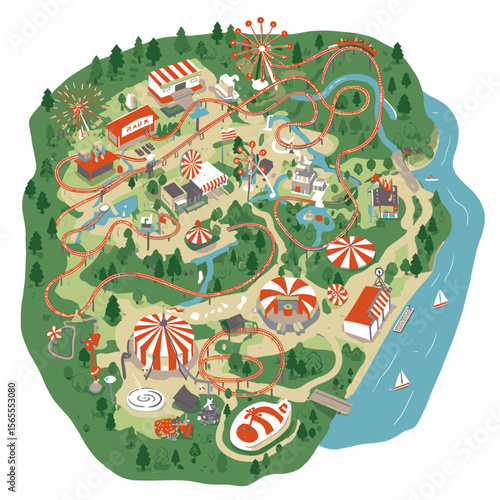 Detailed amusement park aerial view featuring rides buildings and a rollercoaster