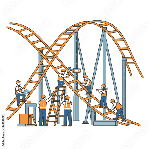Construction workers assemble a roller coaster using ladders and tools on an orange track with gray supports