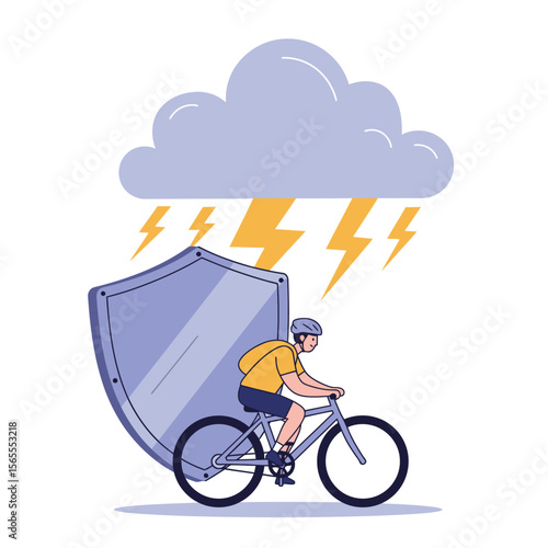 A cyclist sheltered by a shield under lightning