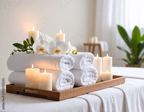 spa still life with candle and towels