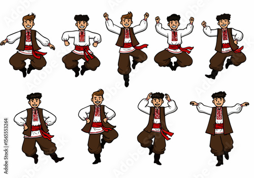 Cartoon Illustration Set of Men in Traditional Ukrainian Folk Dance Costumes in Various Poses