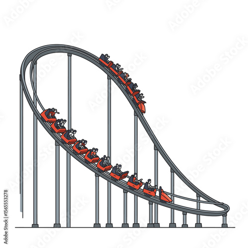 A cartoon roller coaster with red cars on a gray track riders visible against a white background