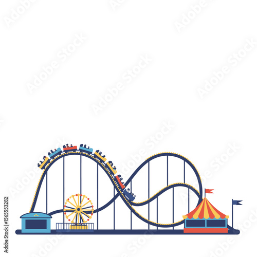 Amusement park scene rollercoaster ferris wheel booth and tent set against a white backdrop