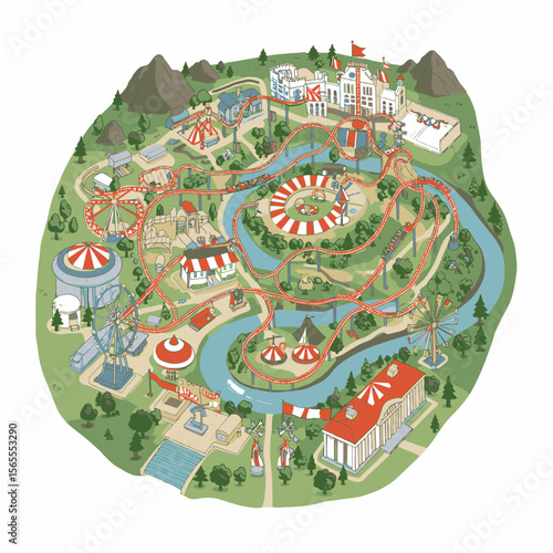 Amusement park map Coaster snakes through attractions by a river among trees and mountains