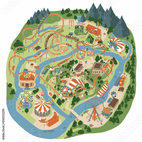 Amusement park map featuring rides like roller coasters and ferris wheels interspersed with buildings and greenery
