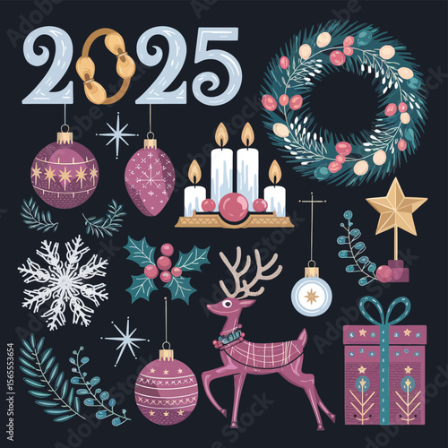 vector Happy New Year Celebrating 2025 in Latin letters , Christmas Decoration Items Santa Claus
