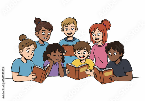 Diverse group of happy children reading books together, learning and studying with cheerful expressions.