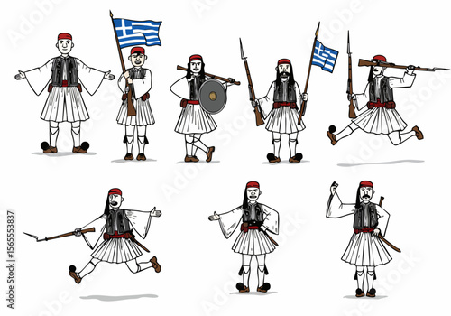 Set of Cartoon Illustrations of Greek Evzone Soldiers in Traditional Uniforms Posing, Marching, and Running with Rifles and Flags