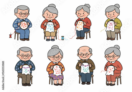 Illustrations of happy senior citizens and grandparents enjoying their leisure time through embroidery and needlework as a relaxing and creative hobby.