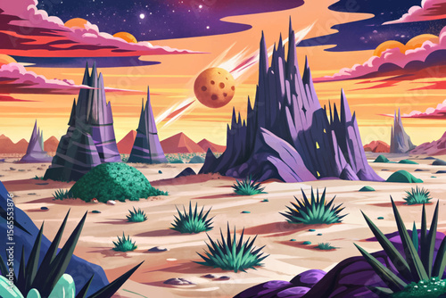 alien desert with jagged spiked rocks and a glowing purple sky cartoon perfect for sci-fi or fantasy game backgrounds, concept art, and world-building projects