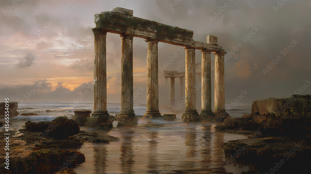Fototapeta premium branding imagery for heritage travel | memory of sacred light | reverence through distance | muted gold with twilight gray | asymmetric divine perspective | ruined columns overtaken by moss |