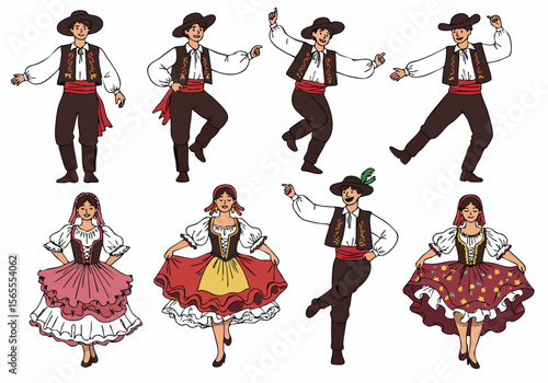 Set of cartoon men and women figures dancing in traditional European folk clothing, isolated on white background.