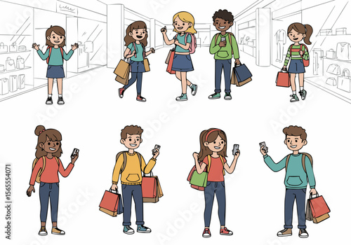 Diverse teenagers shopping and using smartphones in a mall setting, illustration.