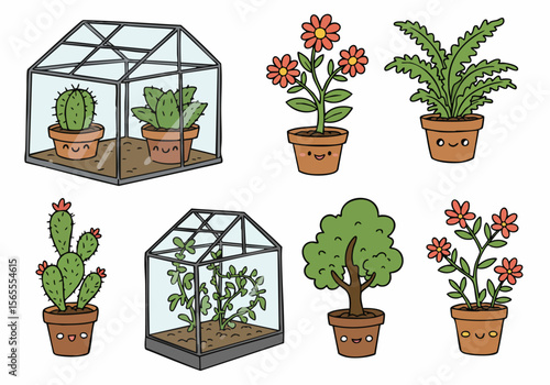 Cute Cartoon Potted Plants and Greenhouses with Kawaii Faces Illustration