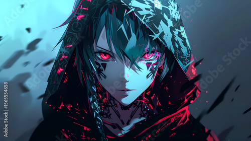 Dark anime character with glowing red eyes. Intense stare, cyberpunk style, digital illustration with neon lighting and fantasy vibes. Anime Wallpaper backgrounds