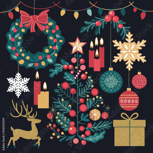vector Happy New Year Celebrating 2025 in Latin letters , Christmas Decoration Items Santa Claus

