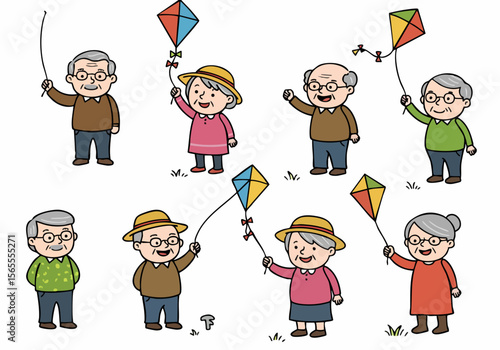 Joyful elderly men and women flying colorful kites, engaging in outdoor leisure and activity.