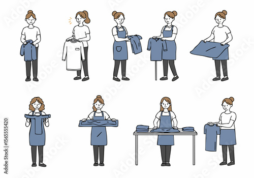 Illustration sequence demonstrating different techniques for folding clothes, showing a woman organizing shirts and garments neatly for storage.