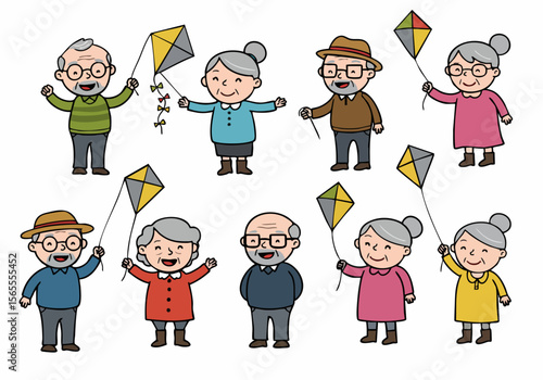 Cartoon set of happy elderly people flying kites enjoying recreation and leisure time