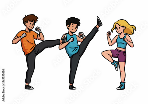 Young diverse people practicing martial arts kicks, illustration of dynamic combat sport training