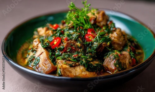 Fototapeta Naklejka Na Ścianę i Meble -  Zesty bitterleaf soup on green plate