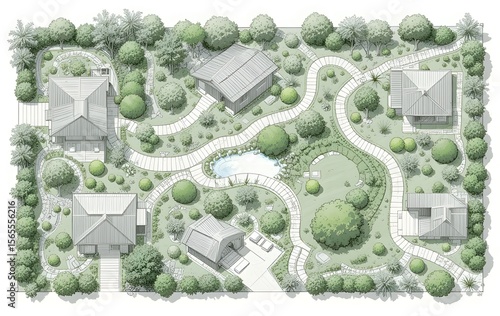 Garden Layout Illustration, Top View, Showing Houses, Pathways, And Plantings. Pond Area Included. Seating Zones For Relaxation. Car Parked In Space, Indicating Accessibility. Organised Greenery And