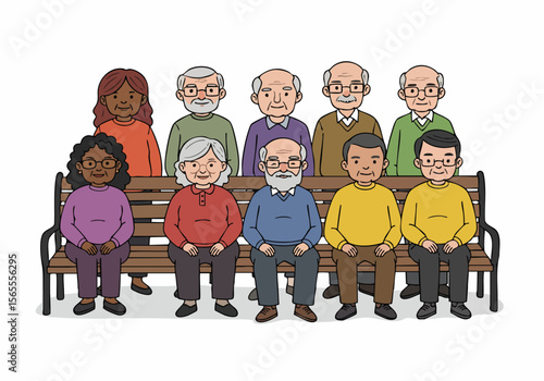 Illustration of a diverse group of smiling senior adults sitting together on a park bench, representing community and togetherness.