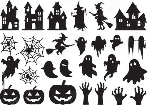 Halloween silhouettes haunted castles witches ghosts pumpkins spiders