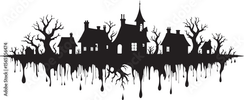 Haunted village silhouette dripping halloween haunted house