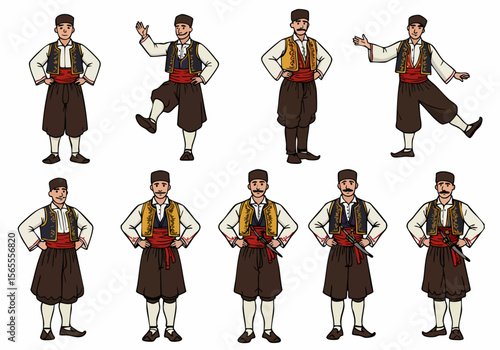 Man in traditional Balkan costume in various poses, including standing, dancing, and posing, depicted in a stylized flat vector illustration.