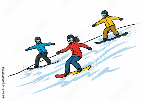 Three people snowboarding down a snowy mountain slope illustration, enjoying a fun winter sport activity together