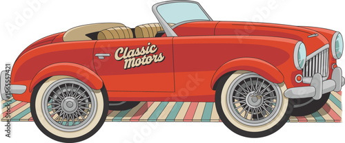 Tableau sur toile Red Vintage Convertible Car with Whitewall Tires, Classic Design, Ideal for Automotive and Retro Themes, cad drawing flat vector illustration