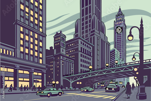Art Deco cityscape with elevated train and clock tower