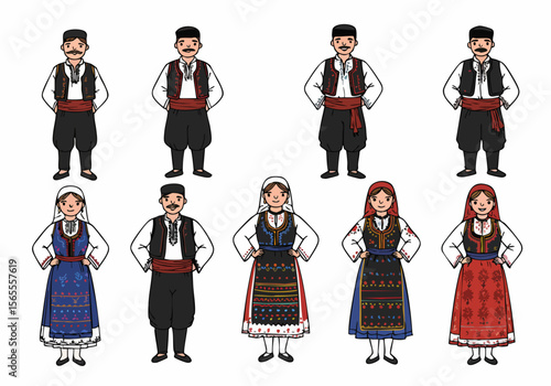 Illustration of people in traditional Balkan folk costumes, representing cultural diversity and heritage through historical ethnic clothing.
