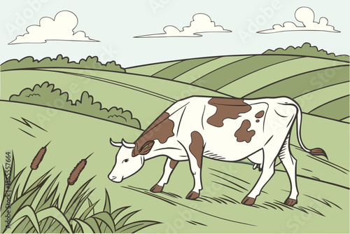 Brown and white cow grazing in a green field cattle