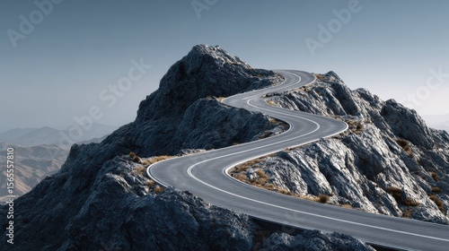 A winding road ascending a mountain, symbolizing the upward trajectory of a career journey, with milestones and challenges along the way , future, road