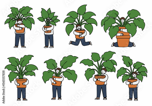 Simple illustrations of people happily interacting with large potted green plants, showcasing gardening, nature care, and connection to houseplants.