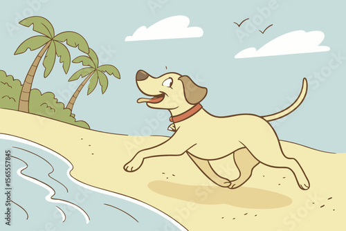 Cartoon dog running on a sandy beach with palm trees