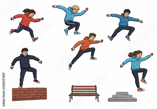 Dynamic illustration of diverse young adults and teenagers performing various parkour jumps and freerunning movements over urban obstacles.