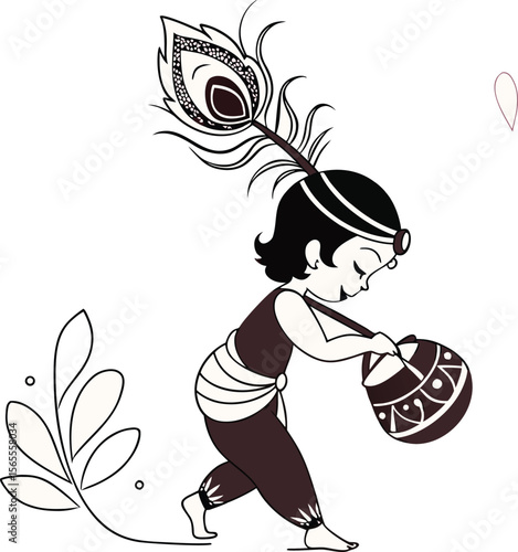 little krishna holding pot with peacock feather