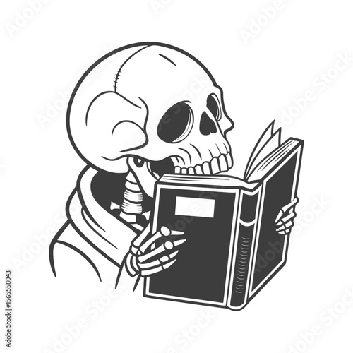 Skeleton scholar studying with a book, cartoon vector illustration