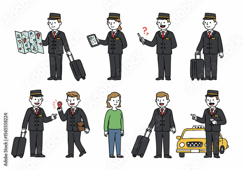 Cartoon illustrations of hotel staff providing various services to travelers, including luggage handling, guidance, and information, set against a white background.