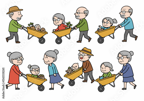 Illustration of cheerful elderly people and children playing together with wheelbarrows, symbolizing generational bonds and joyful activities.
