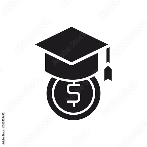 A mortarboard rests atop a dollar coin, representing the financial aspects of education and tuition fees. This icon vector graphic symbolizes the costs associated with college, university, and higher 