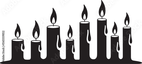 Black candles with flickering flames burning dripping