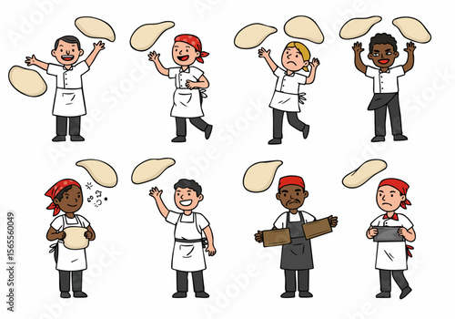 Cartoon illustration set of chefs or pizza makers tossing and preparing pizza dough with various expressions.