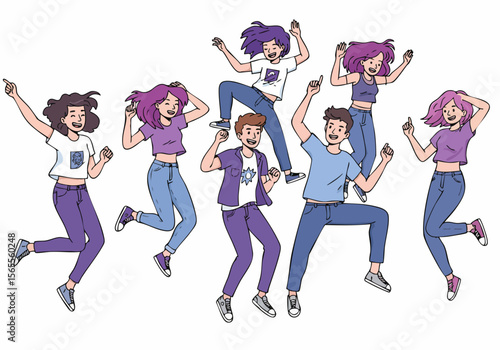 Energetic Group of Diverse Young People Jumping and Celebrating Together Illustration