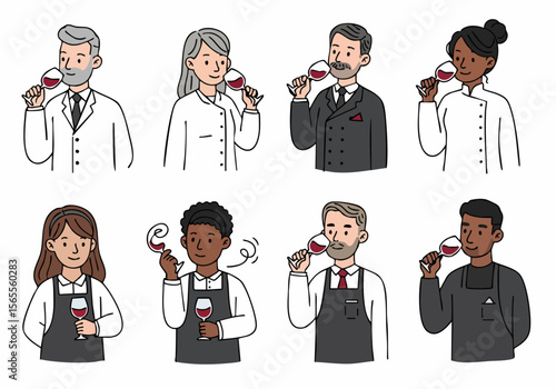 Diverse group of professionals, including sommeliers, chefs, and servers, evaluating and enjoying red wine during a tasting session.
