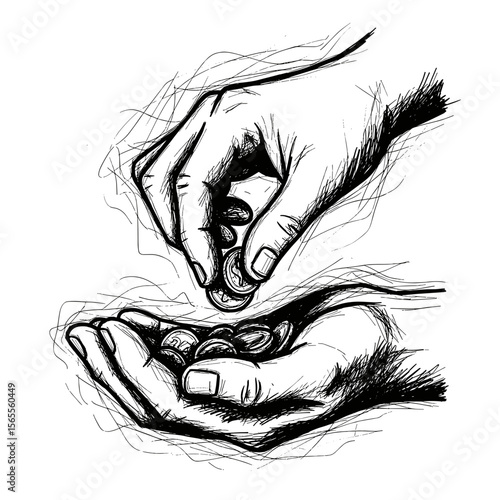 Hands collecting coins in black and white sketch style  