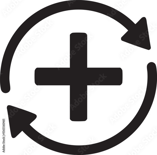 Black Plus Sign Surrounded by Circular Arrows Indicating Refresh or Update Process on White Background black